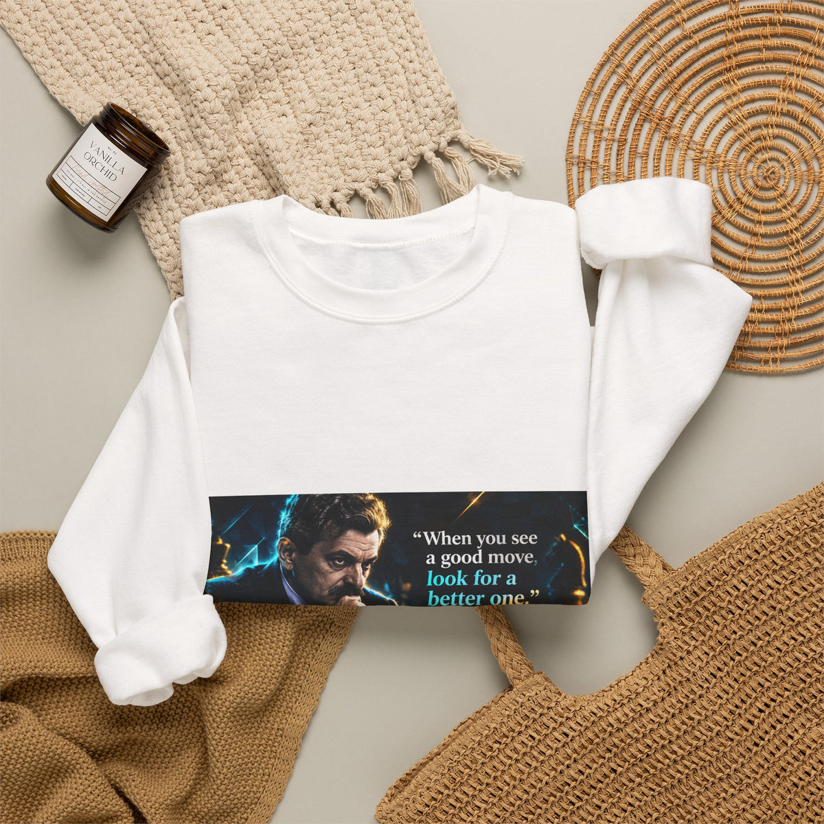 Crewneck Sweatshirt — "When you see a good move, look for a better one." Chess Strategy Graphic