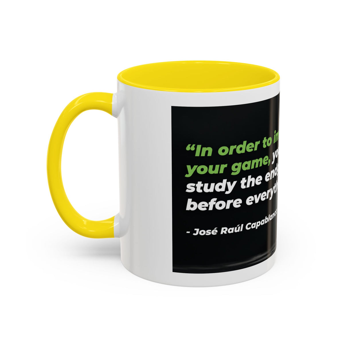 Accent Coffee Mug — "To Improve Your Game, Study the Endgame" José Capablanca Chess Quote