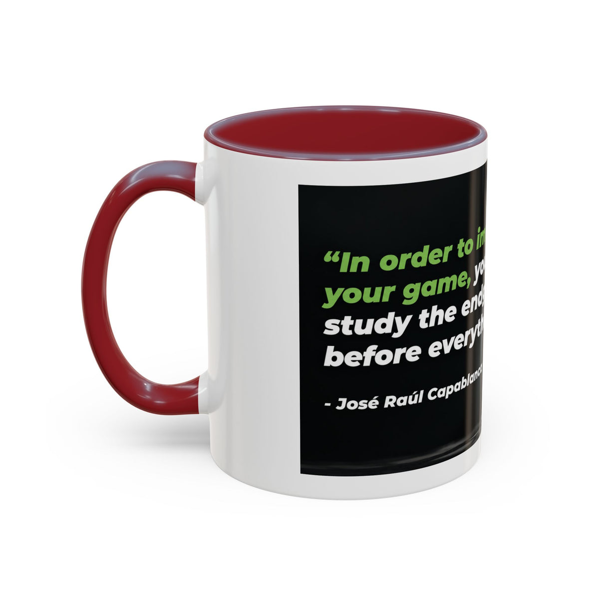 Accent Coffee Mug — "To Improve Your Game, Study the Endgame" José Capablanca Chess Quote